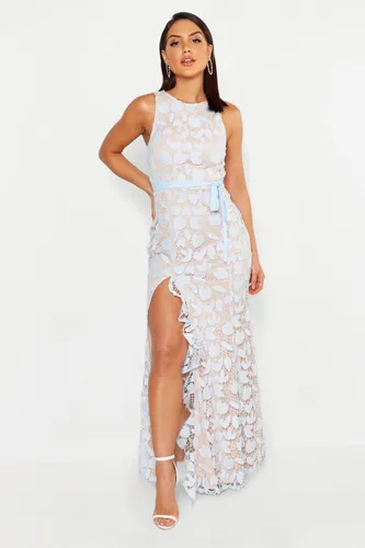Womens Lace Ruffle Split Maxi Dress - Blue - 8, Blue