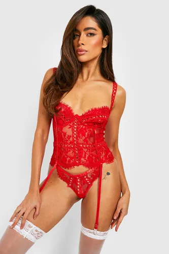 Womens Lace Suspender Basque + Thong Set - Red - S, Red