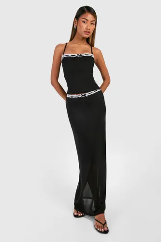 Womens Lace Trim Mesh Maxi Skirt - Black - 12, Black