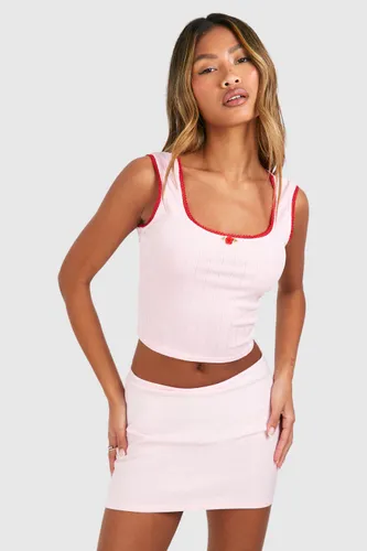 Womens Lace Trim Ribbed Cap Sleeve T-Shirt - Pink - 6, Pink