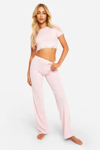 Womens Lace Trim Top And Trouser Set - Pink - 6, Pink