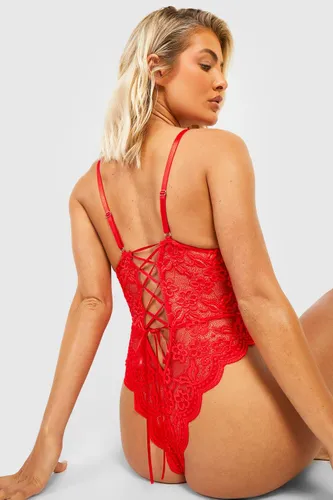Womens Lace Up Crotchless Bodysuit - Red - M, Red