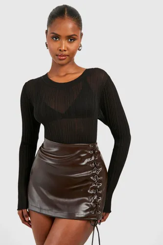 Womens Lace Up Faux Leather Mini Skirt - Brown - 6, Brown