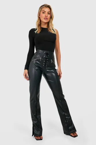 Womens Lace Up Faux Leather Slim Fit Split Hem Trousers - Black - 8, Black