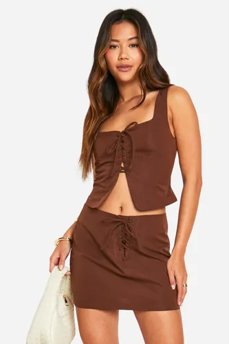 Womens Lace Up Front Micro Mini Skirt - Brown - 6, Brown