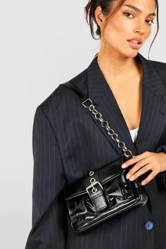 Womens Large Buckle Detail Pocket Shoulder Bag - Black - One Size, Black