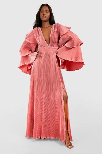 Womens Layered Ruffle Sleeve Maxi Dress - Pink - 12, Pink