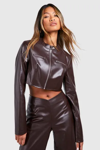 Womens Leather Look Crop Biker Jacket - Brown - 6, Brown