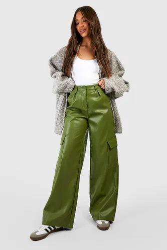 Womens Leather Look High Waisted Cargo Trousers - Green - 6, Green