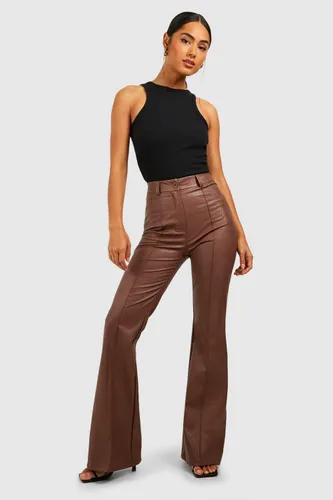Womens Leather Look High Waisted Seam Front Flared Trousers - Brown - 6, Brown
