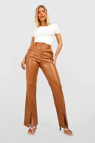 Womens Leather Look High Waisted Split Front Trousers - Brown - 6, Brown