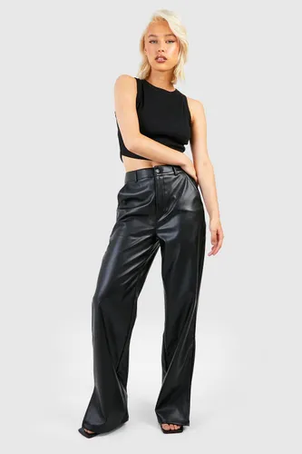 Womens Leather Look High Waisted Split Hem Trousers - Black - 6, Black