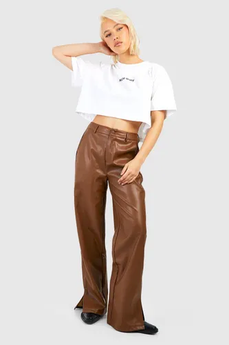 Womens Leather Look High Waisted Split Hem Trousers - Brown - 10, Brown