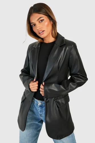 Womens Leather Look Plunge Front Fitted Blazer - Black - 10, Black
