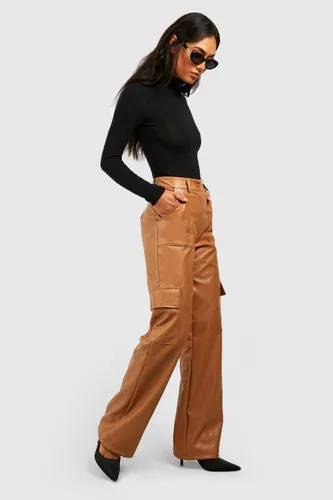 Womens Leather Look Relaxed Fit Cargo Trousers - Brown - 6, Brown