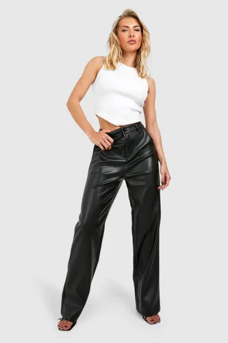 Womens Leather Look Relaxed Fit Straight Leg Trousers - Black - 16, Black