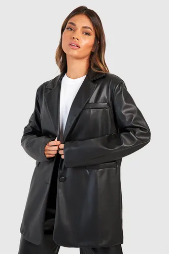Womens Leather Look Single Breasted Relaxed Fit Blazer - Black - 6, Black