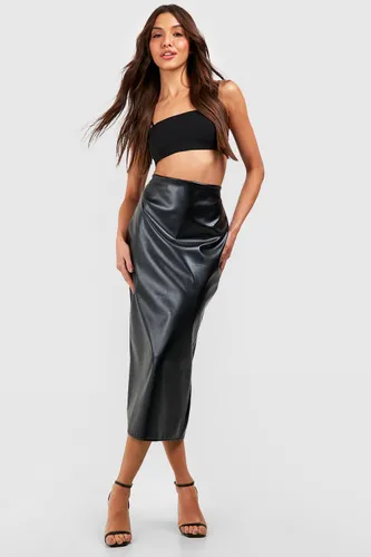 Womens Leather Look Split Back Tube Midaxi Skirt - Black - 6, Black