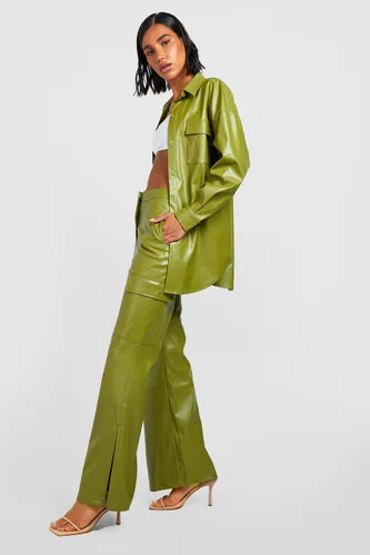 Womens Leather Look Split Detail Cargo Trousers - Green - 8, Green