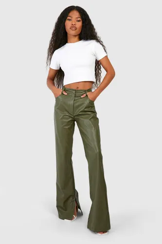 Womens Leather Look Split Hem Straight Fit Trousers - Green - 6, Green