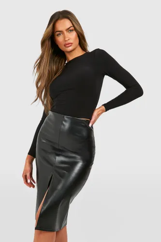 Womens Leather Look Split Midi Skirt - Black - 6, Black