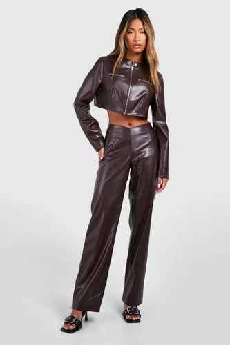 Womens Leather Look V Waistband Straight Leg Trouser - Brown - 6, Brown