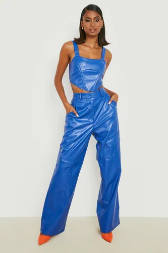 Womens Leather Look Wide Leg Cargo Trousers - Blue - 8, Blue