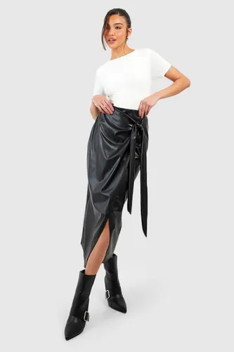 Womens Leather Look Wrap Midaxi Skirt - Black - 6, Black