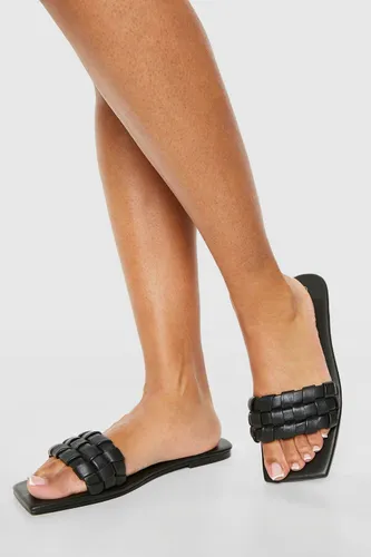 Womens Leather Woven Lattice Detail Slip On Sandals - Black - 7, Black