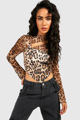 Womens Leopard Cut Out V Hem Mesh Top - Black - 6, Black