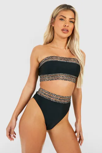 Womens Leopard Mesh Trim Bandeau Bikini Set - Black - 6, Black
