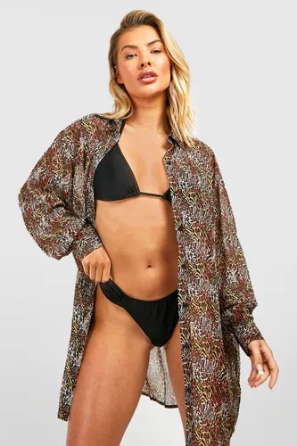 Womens Leopard Oversized Chiffon Beach Shirt - Brown - S, Brown