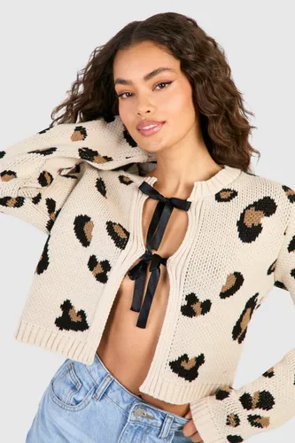 Womens Leopard Print Knitted Bow Detail Cardigan - White - L, White