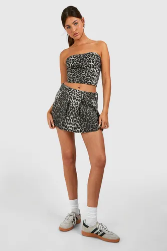 Womens Leopard Print Pleated Denim Tennis Skirt - Brown - 14, Brown
