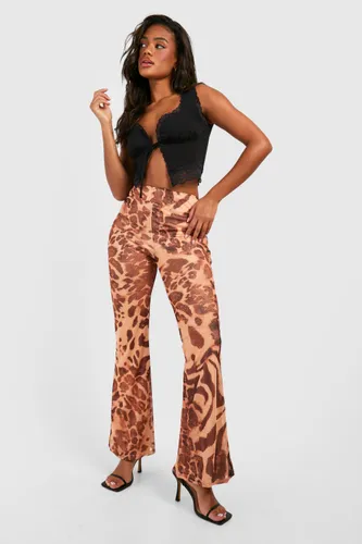 Womens Leopard Printed Mesh Flared Trousers - Brown - 8, Brown