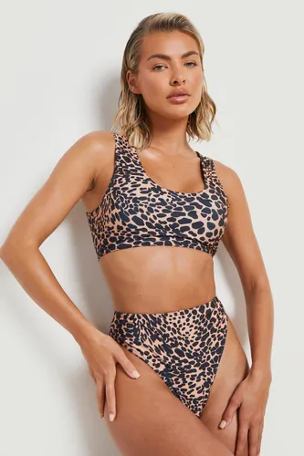 Womens Leopard Scoop High Waisted Bikini Set - Brown - 6, Brown