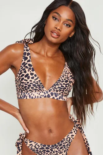 Womens Leopard Tie Shoulder Plunge Bikini Top - Multi - 6, Multi