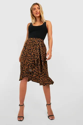 Womens Leopard Tie Waist Wrap Midi Skirt - Beige - 8, Beige