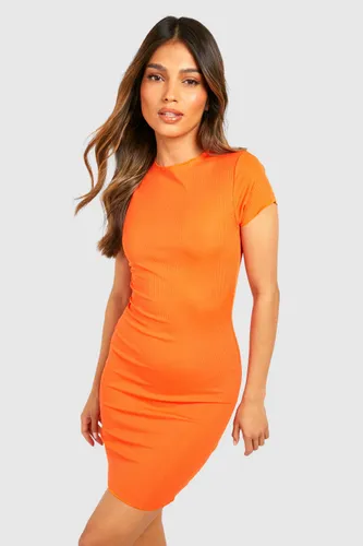 Womens Lettuce Hem Short Sleeve Ribbed Mini Dress - Orange - 12, Orange