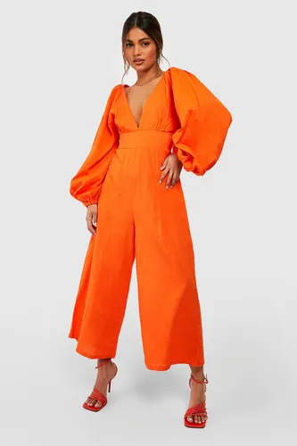 Womens Linen Balloon Sleeve Culotte Jumpsuit - Orange - 8, Orange