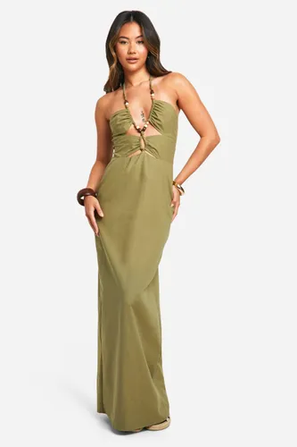 Womens Linen Bead Detail Maxi Dress - Green - 10, Green