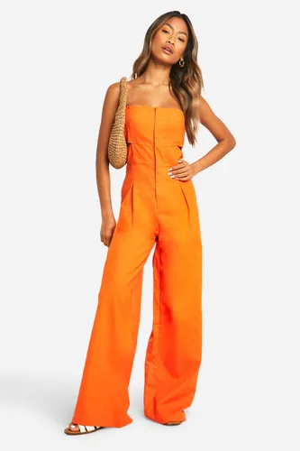 Womens Linen Blend Cut Out Jumpsuit - Orange - 8, Orange
