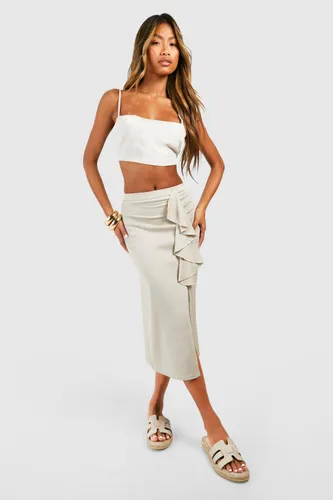 Womens Linen Frill Midi Skirt - Beige - 10, Beige