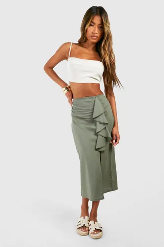 Womens Linen Frill Midi Skirt - Green - 10, Green