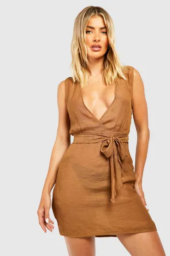 Womens Linen Look Belted Beach Dress - Brown - S, Brown