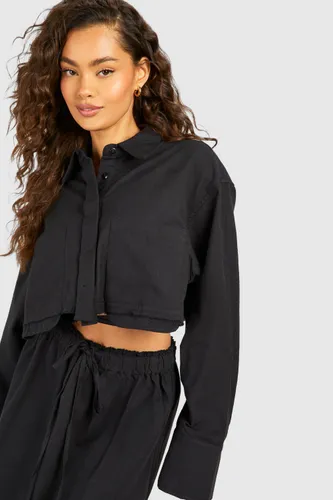 Womens Linen Look Boxy Cropped Shirt - Black - 6, Black