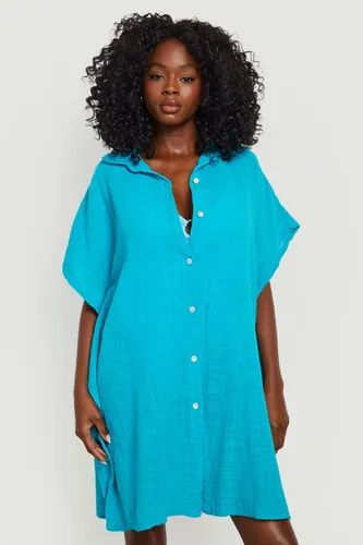 Womens Linen Look Button Front Batwing Beach Kaftan Shirt - Blue - S, Blue