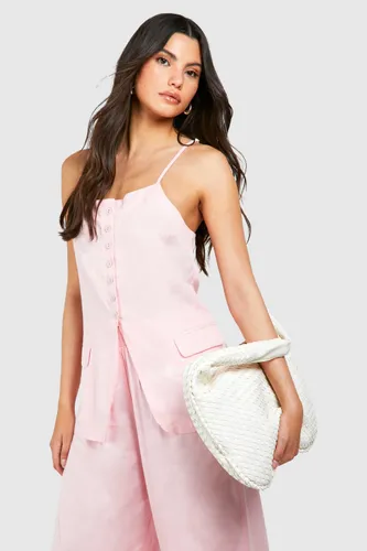Womens Linen Look Button Front Longline Waistcoat - Pink - 6, Pink