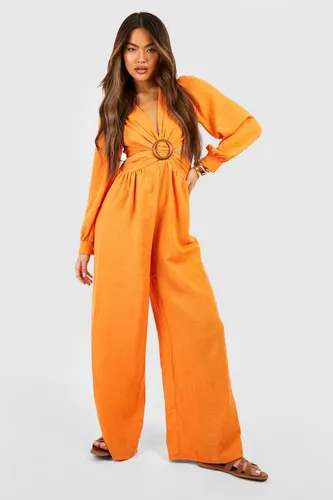 Womens Linen Look Cut Out Detail Jumpsuit - Orange - 10, Orange