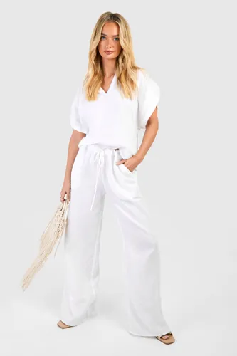 Womens Linen Look Drawstring Beach Trousers - White - M, White